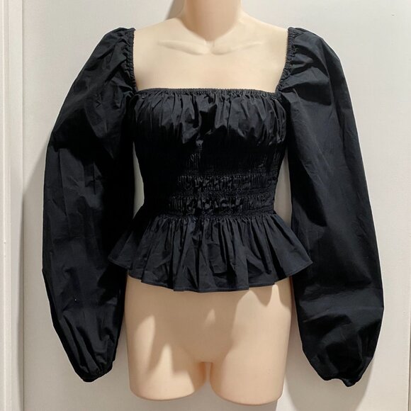 Staud Jules Puff Sleeve Peplum Smocked Y2K Peasant Cottage Cropped Cotton Top M - Picture 2 of 9